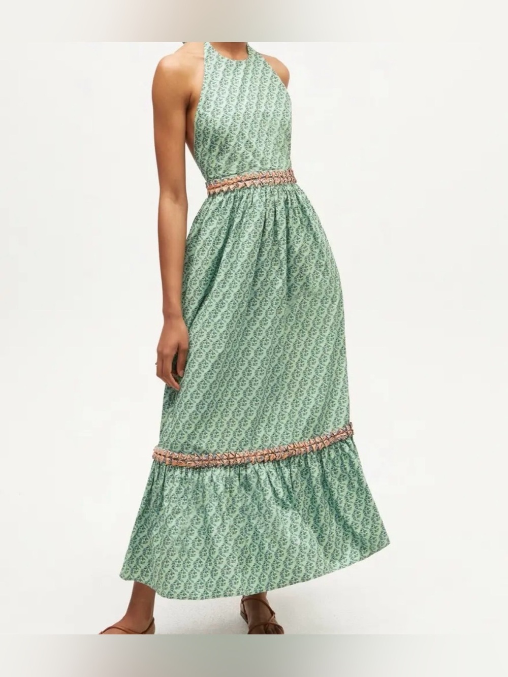 RHODE NWT Salena Jawahar Garden Green Maxi Dress w/ Pink Trim -Sz L